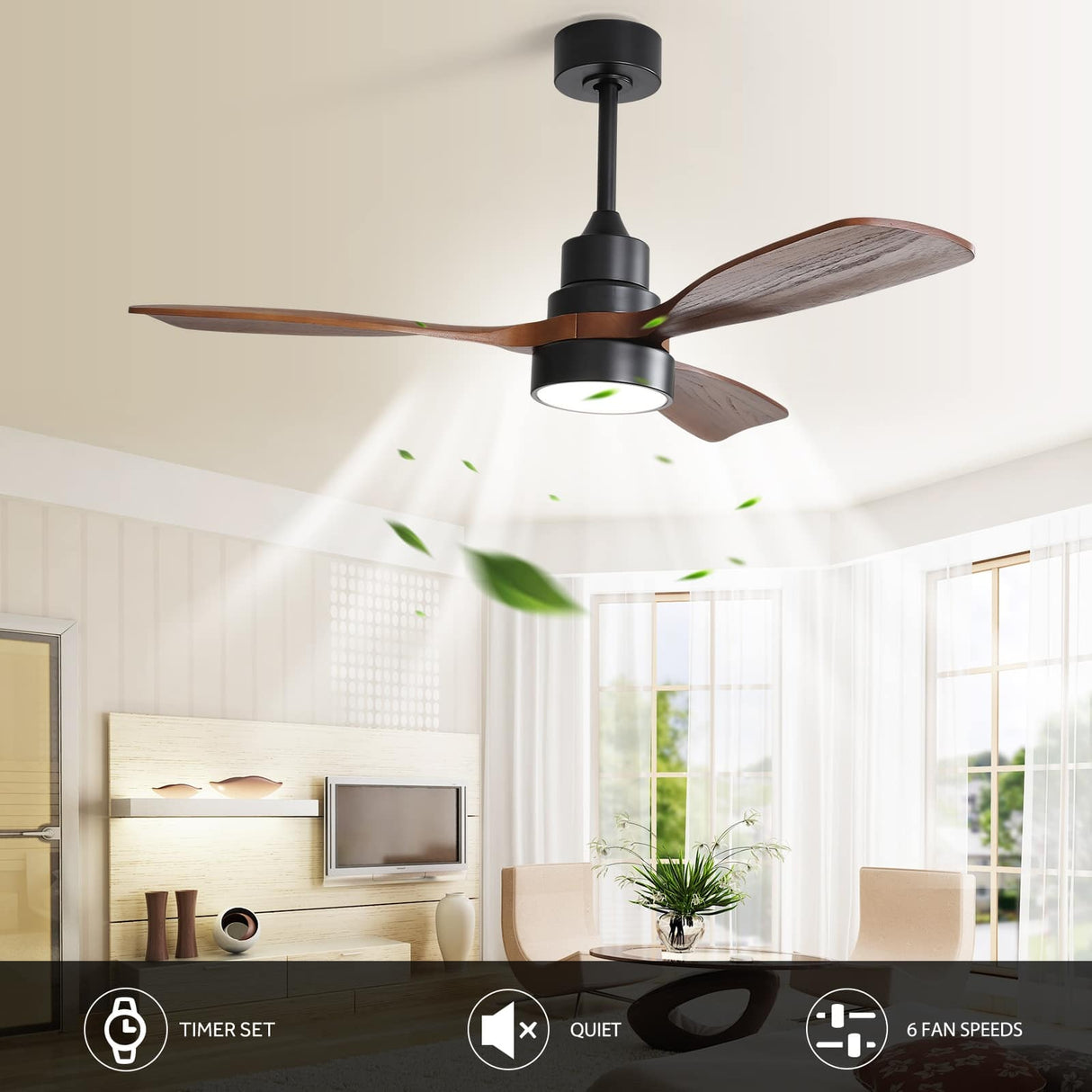 52" and 60" Noiseless Walnut Wood Ceiling Fan with Remote Control,Light Integrated Optional - 52 Inch