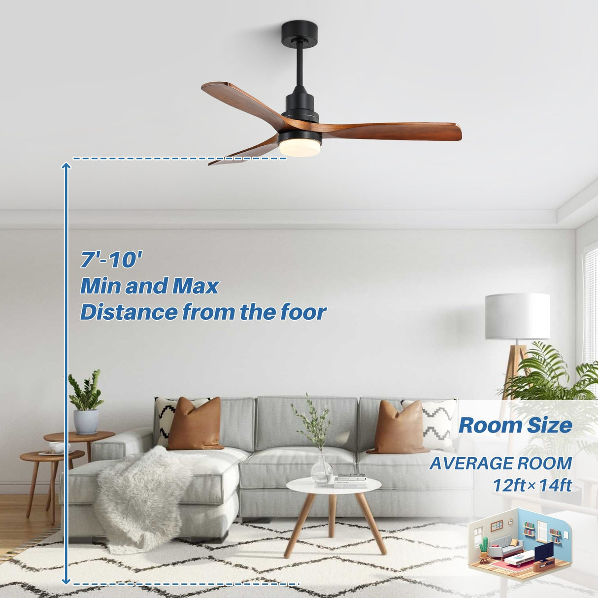 52" and 60" Noiseless Walnut Wood Ceiling Fan with Remote Control,Light Integrated Optional - 52 Inch