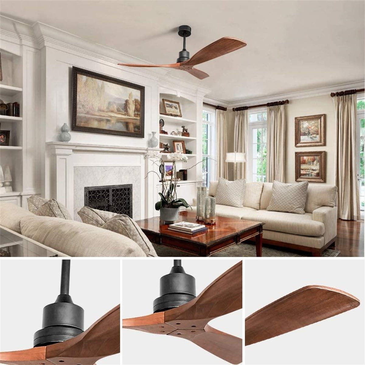 52" and 60" Noiseless Walnut Wood Ceiling Fan with Remote Control,Light Integrated Optional - 52 Inch