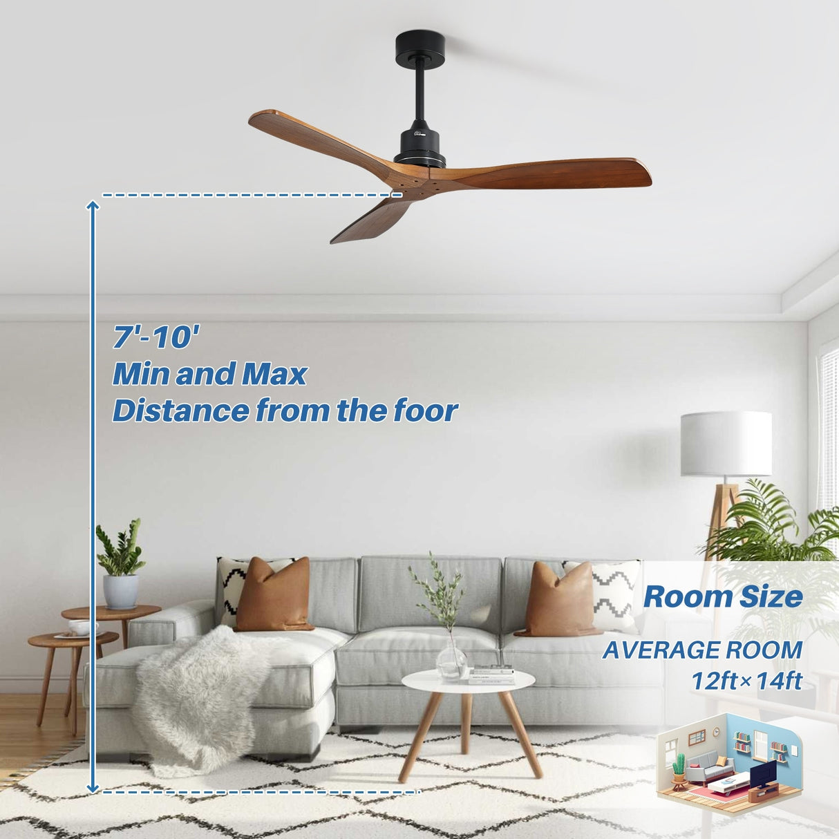 52" and 60" Noiseless Walnut Wood Ceiling Fan with Remote Control,Light Integrated Optional - 52 Inch