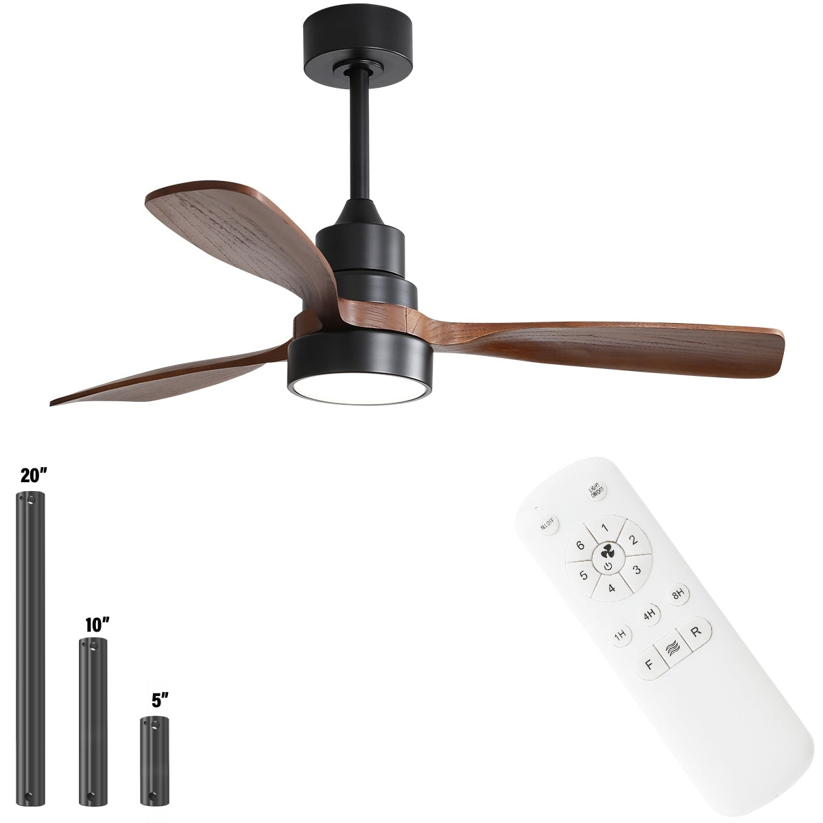 52" and 60" Noiseless Walnut Wood Ceiling Fan with Remote Control,Light Integrated Optional - 52 Inch