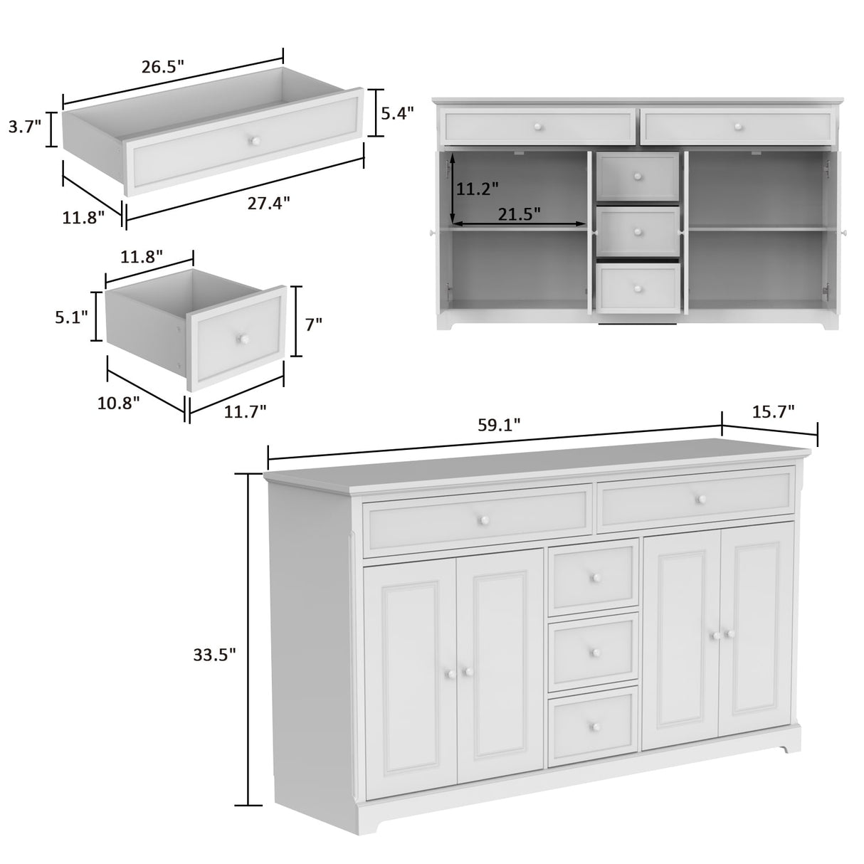 59.1''Sideboard Buffet White Mid-Century Modern Contemporary Lacquered