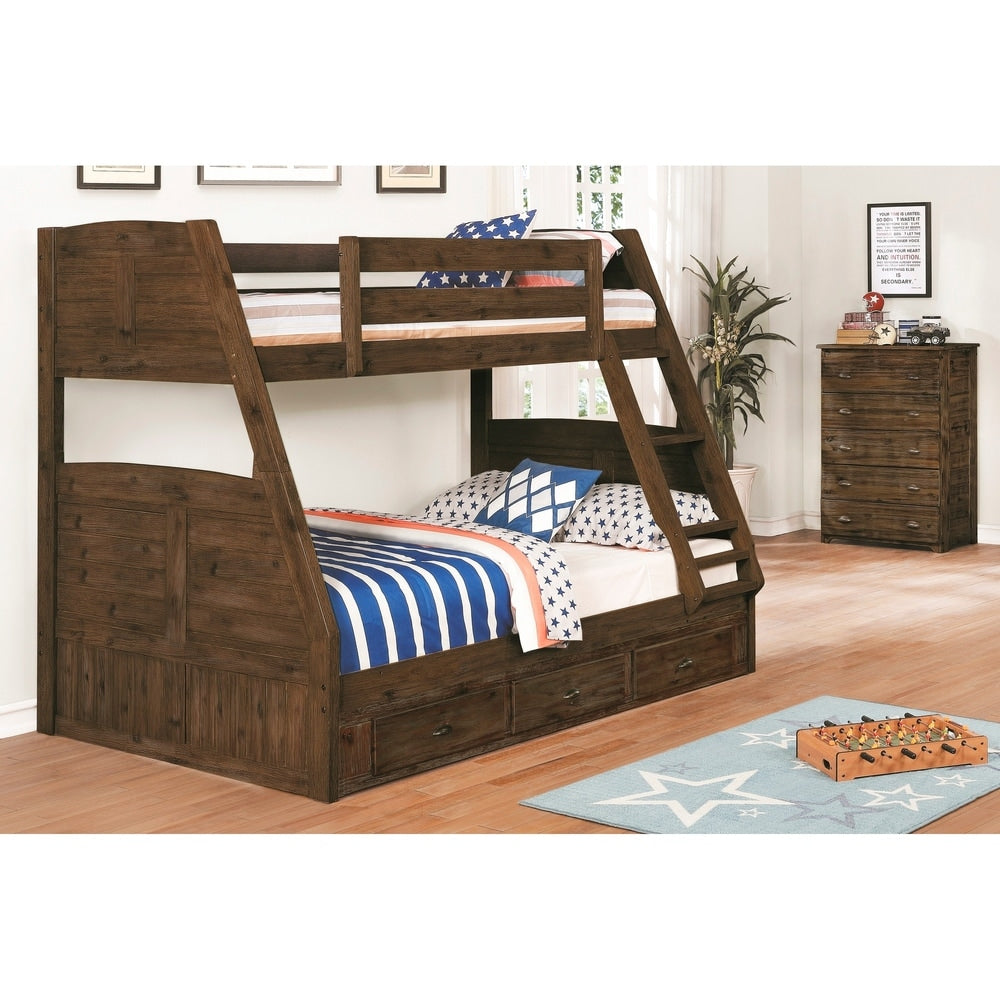 Solid Acacia Wood Twin/Full Bunk Bed and Three Drawers in Chestnut ...