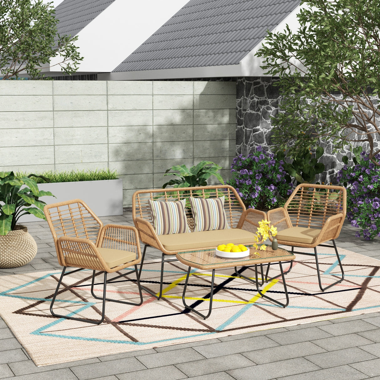 Arden 4-Piece Outdoor Wicker Patio Conversation Set with Cushions