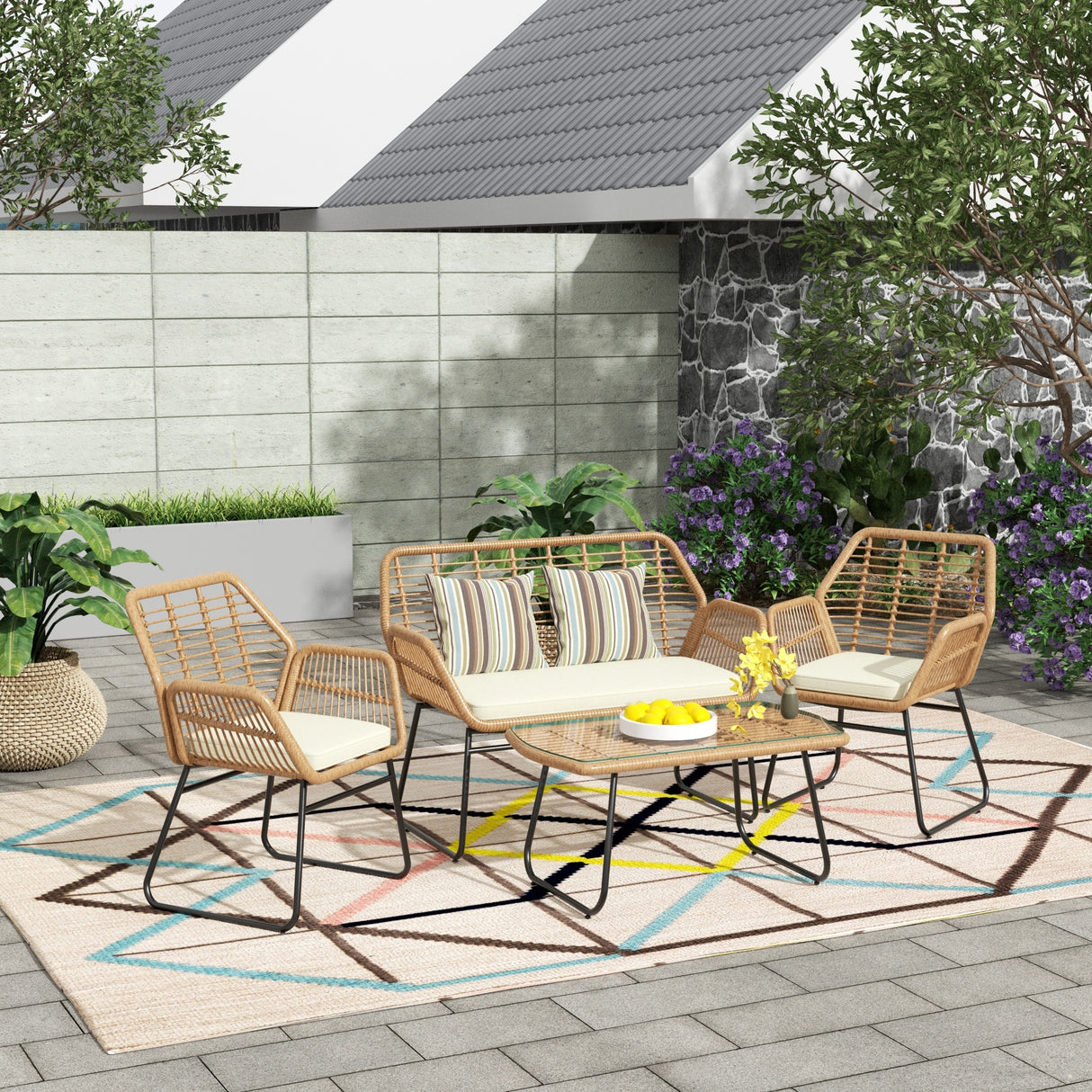 Arden 4-Piece Outdoor Wicker Patio Conversation Set with Cushions