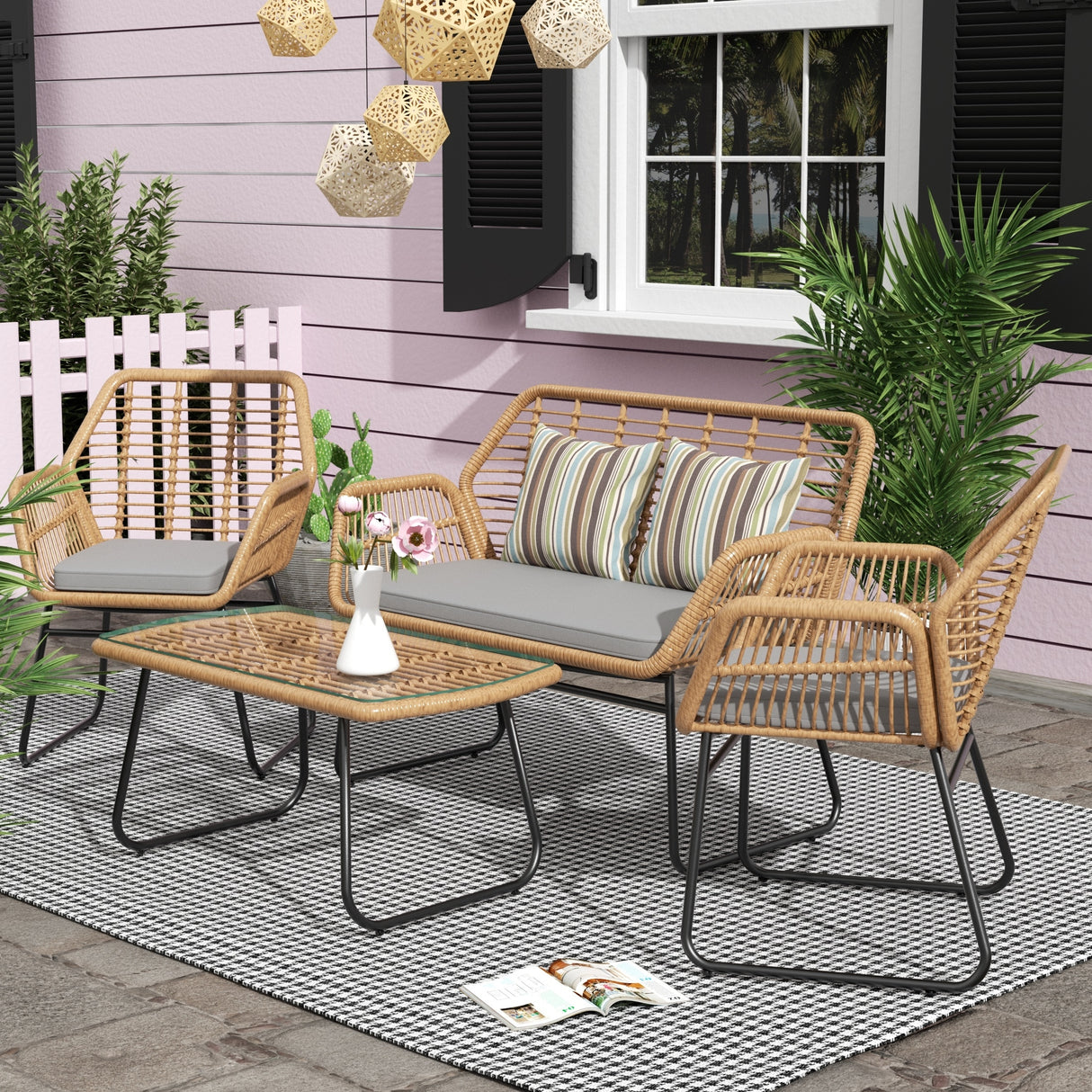 Arden 4-Piece Outdoor Wicker Patio Conversation Set with Cushions