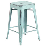 24" High Backless Distressed Metal Indoor-Outdoor Counter Height Stool