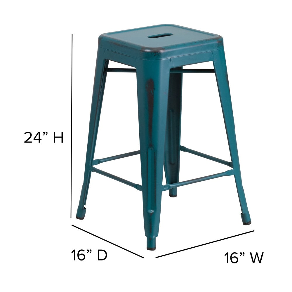 24" High Backless Distressed Metal Indoor-Outdoor Counter Height Stool