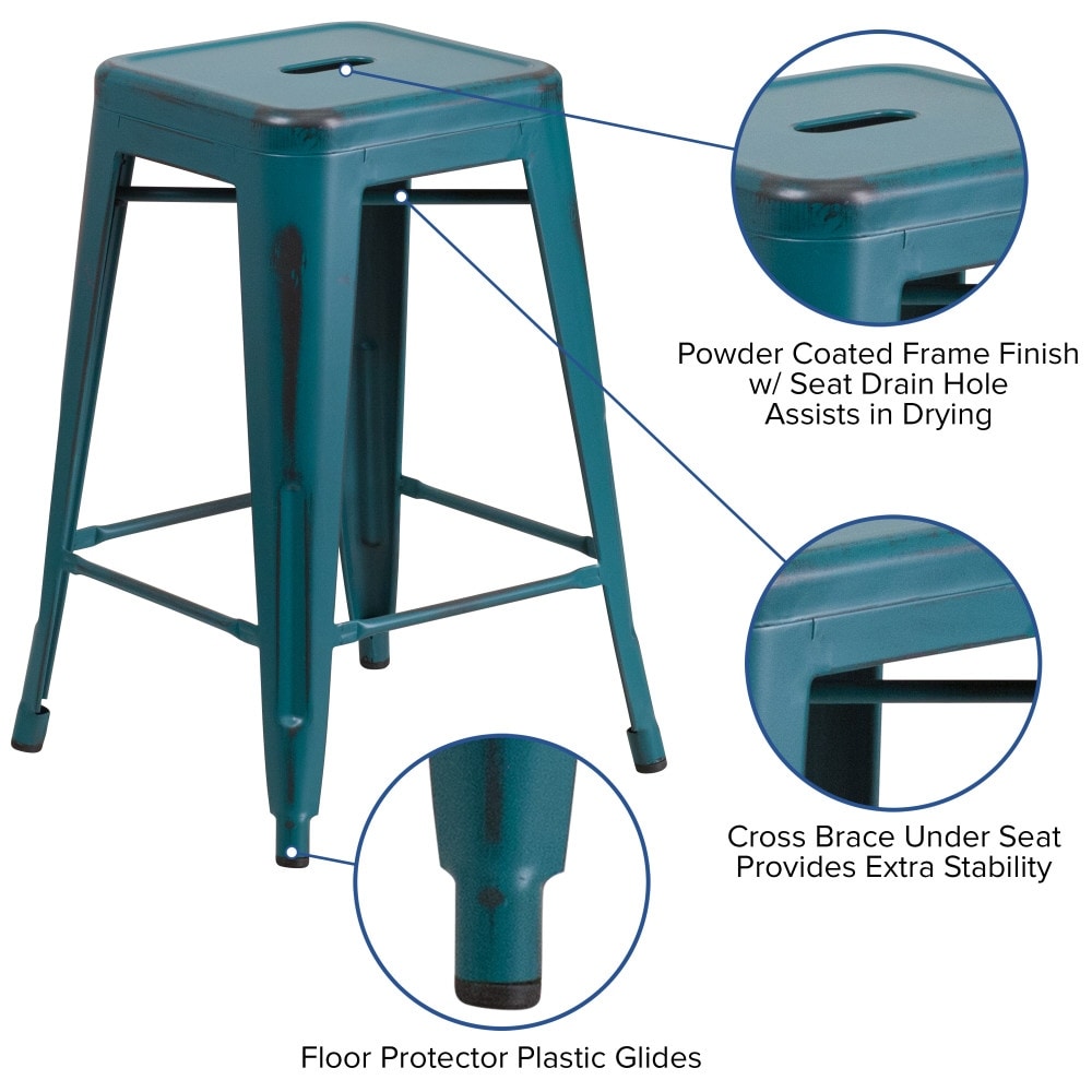 24" High Backless Distressed Metal Indoor-Outdoor Counter Height Stool