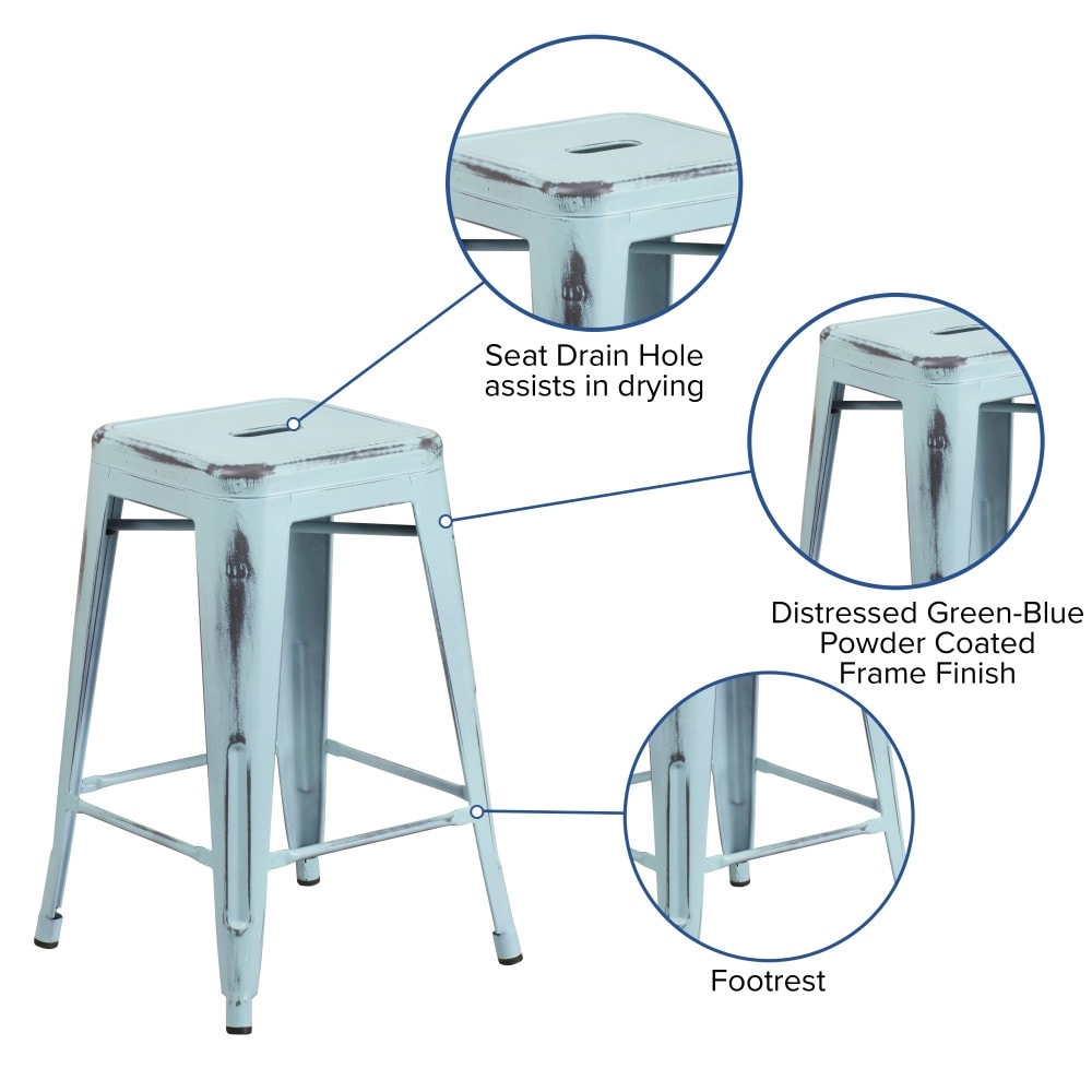 24" High Backless Distressed Metal Indoor-Outdoor Counter Height Stool