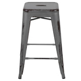 24" High Backless Distressed Metal Indoor-Outdoor Counter Height Stool