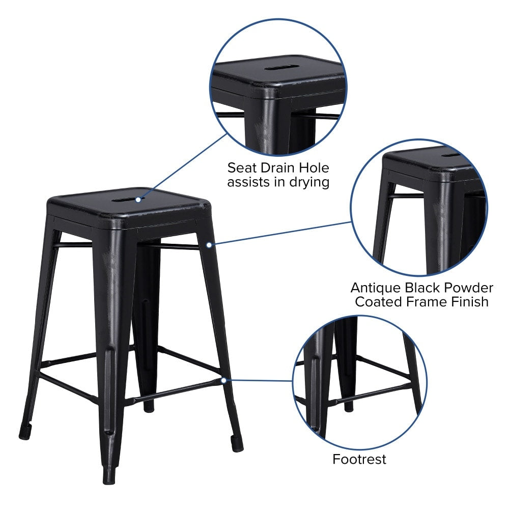 24" High Backless Distressed Metal Indoor-Outdoor Counter Height Stool