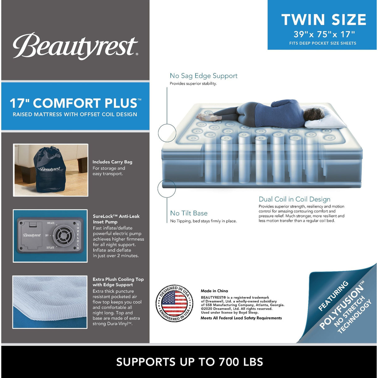 Beautyrest Comfort Plus Air Mattress with Built-in Pump - Inflatable Guest Bed with Plush Cooling Top