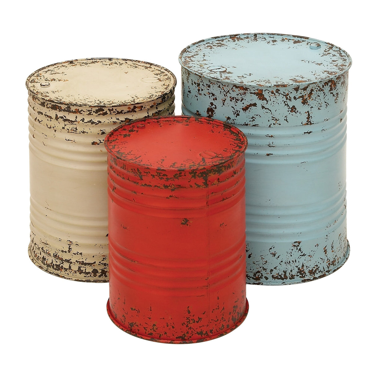 Blue Red White Distressed Metal Farmhouse Drum Accent Table (Set of 3)