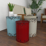 Blue Red White Distressed Metal Farmhouse Drum Accent Table (Set of 3)