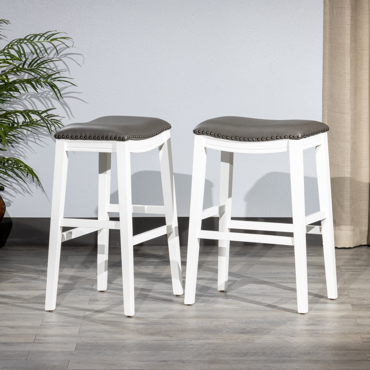 DTY Indoor Living Aurora Saddle Stool -25" Counter Stool, White/Dark Gray PU, Set of 2