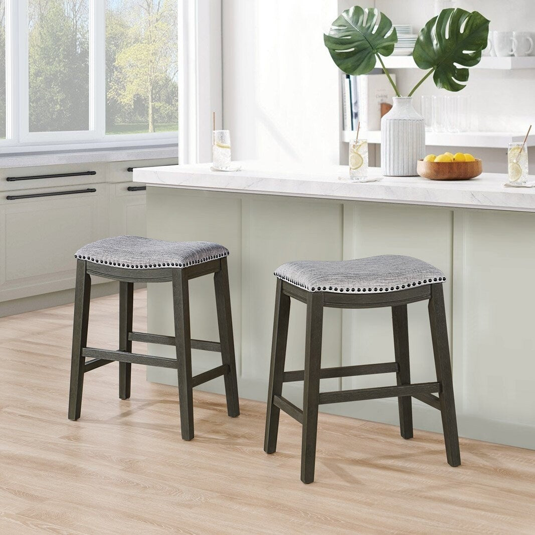 DTY Indoor Living Aurora Saddle Stool -25" Counter Stool, White/Dark Gray PU, Set of 2