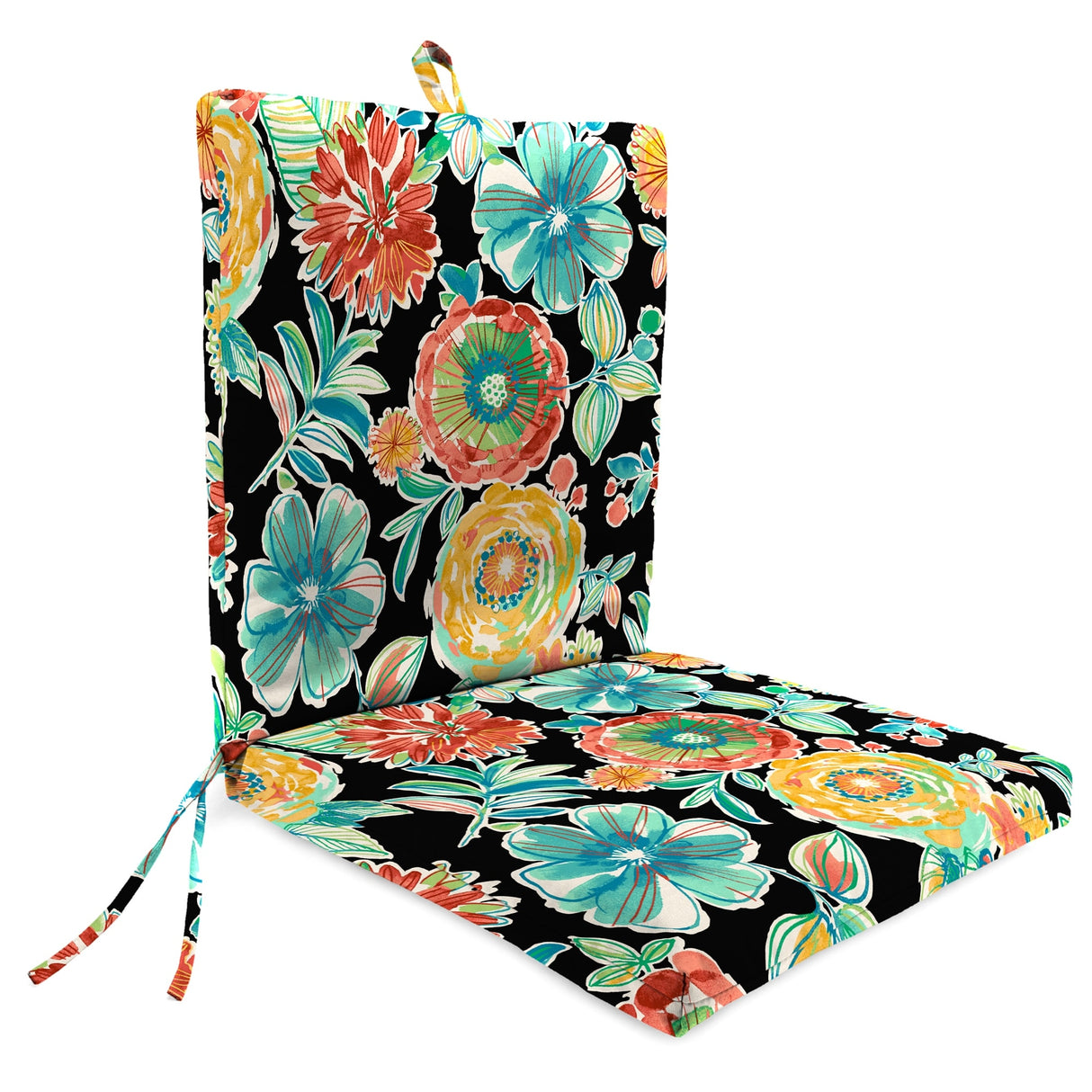 21" x 44" Black Floral Outdoor Chair Cushion with Ties and Loop - 44'' L x 21'' W x 3.5'' H