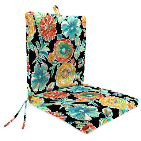 21" x 44" Black Floral Outdoor Chair Cushion with Ties and Loop - 44'' L x 21'' W x 3.5'' H