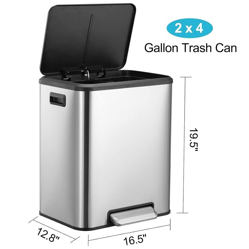 Dual Garbage Can, 30 Liter Stainless Steel Kitchen Garbage Can