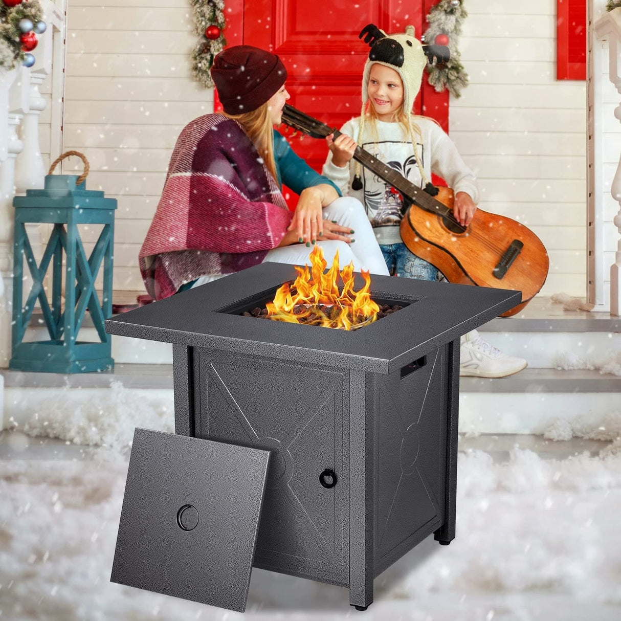 Fire Pit for Outside 28in Square Metal Firepits Stove - Propane Fire Pit Table with Lava Rocks