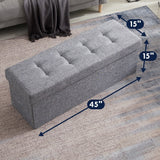 Foldable Tufted Linen Storage Ottoman Bench