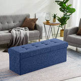 Foldable Tufted Linen Storage Ottoman Bench