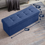 Foldable Tufted Linen Storage Ottoman Bench