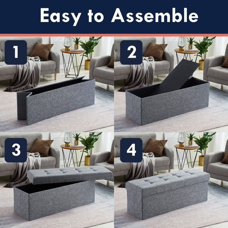 Foldable Tufted Linen Storage Ottoman Bench