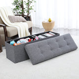 Foldable Tufted Linen Storage Ottoman Bench