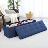 Foldable Tufted Linen Storage Ottoman Bench