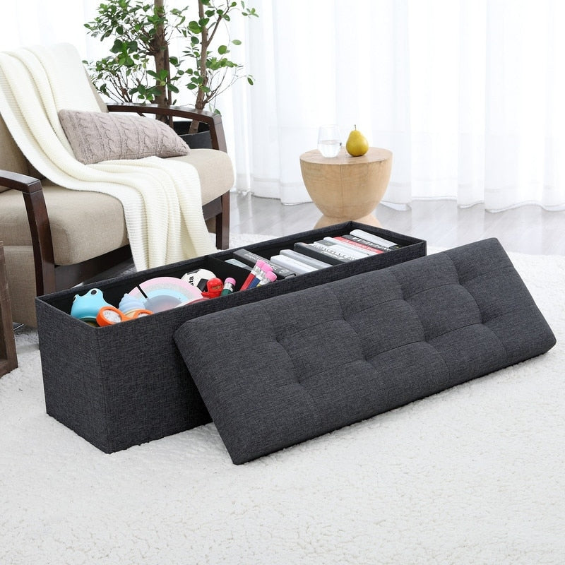 Foldable Tufted Linen Storage Ottoman Bench