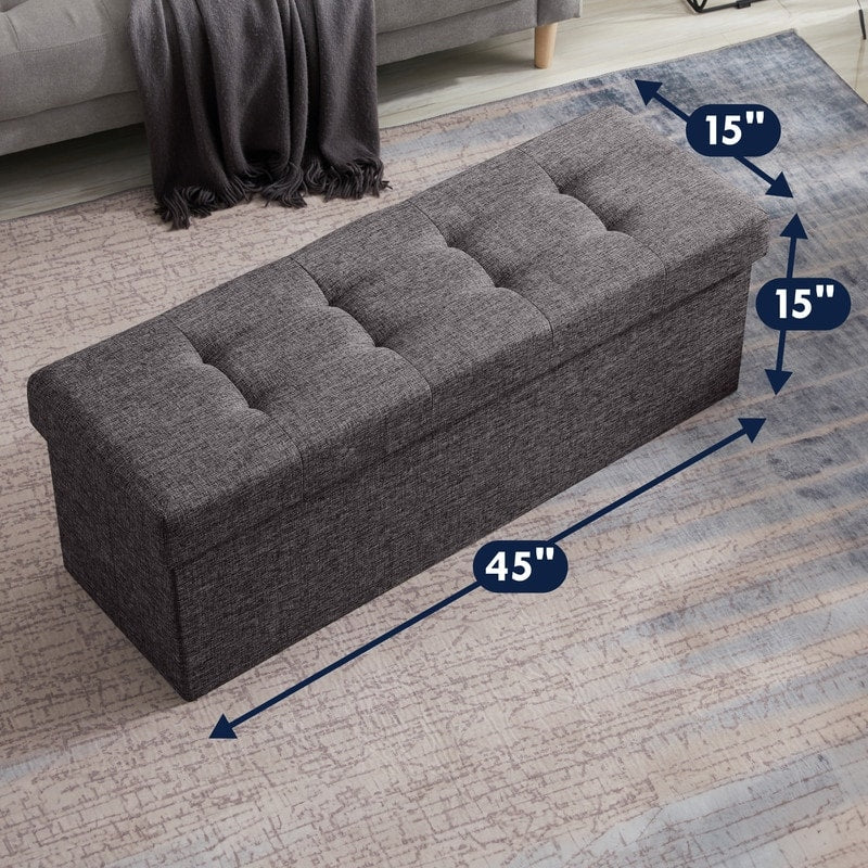 Foldable Tufted Linen Storage Ottoman Bench