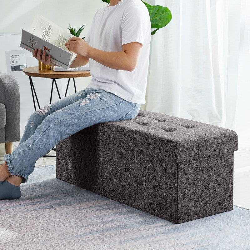 Foldable Tufted Linen Storage Ottoman Bench