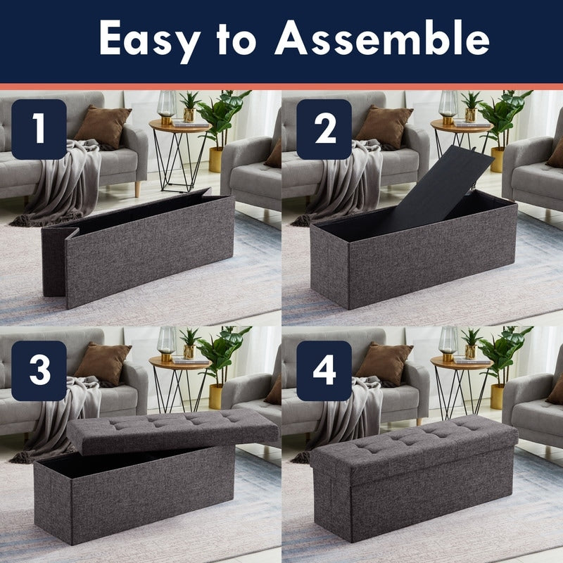 Foldable Tufted Linen Storage Ottoman Bench