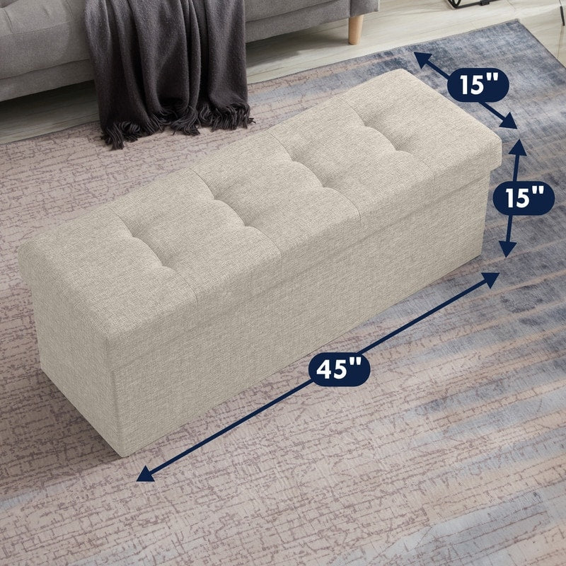 Foldable Tufted Linen Storage Ottoman Bench