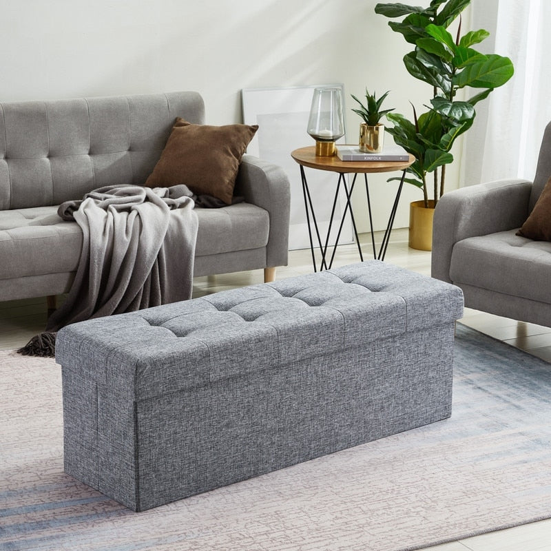 Foldable Tufted Linen Storage Ottoman Bench