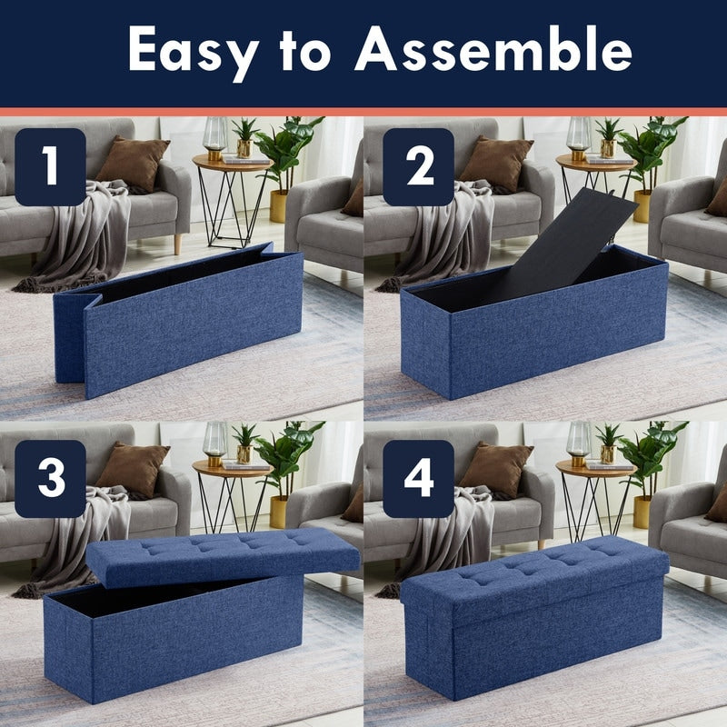 Foldable Tufted Linen Storage Ottoman Bench