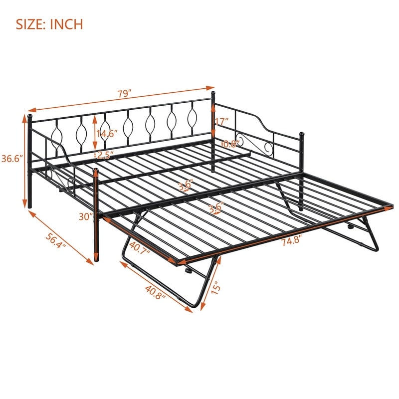 Full Size Metal Daybed with Twin Size Adjustable Trundle, Portable Folding Trundle