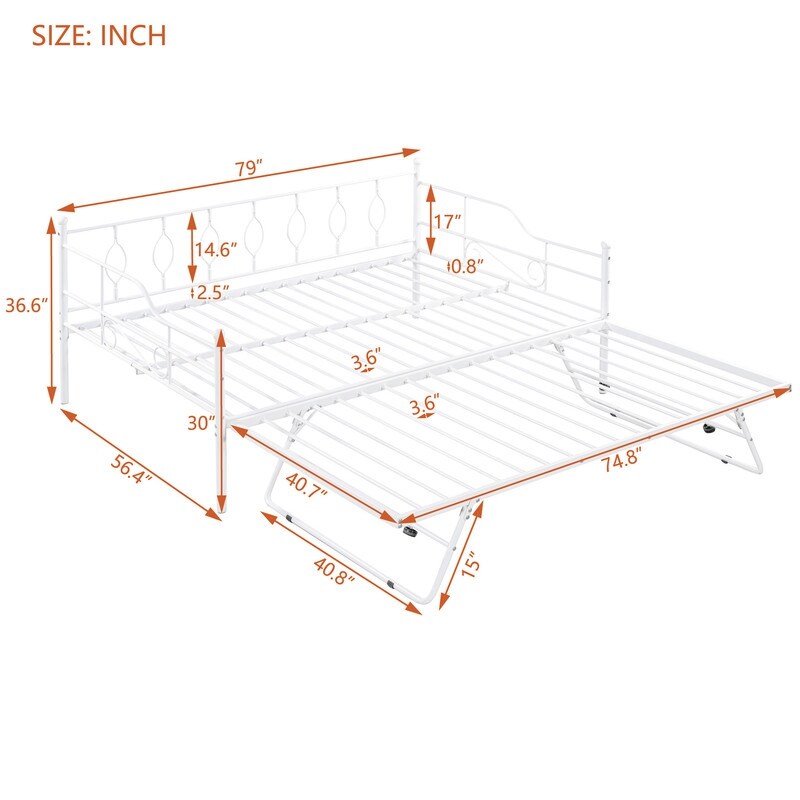 Full Size Metal Daybed with Twin Size Adjustable Trundle, Portable Folding Trundle