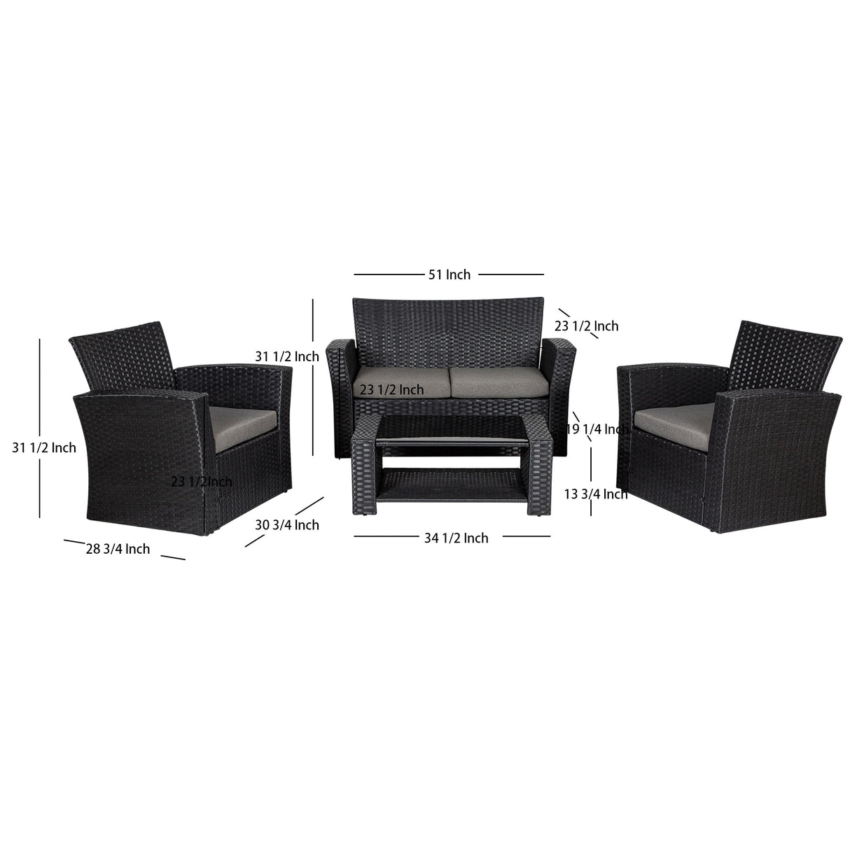 Grandview 4-piece Black Wicker Outdoor Patio Conversation Set