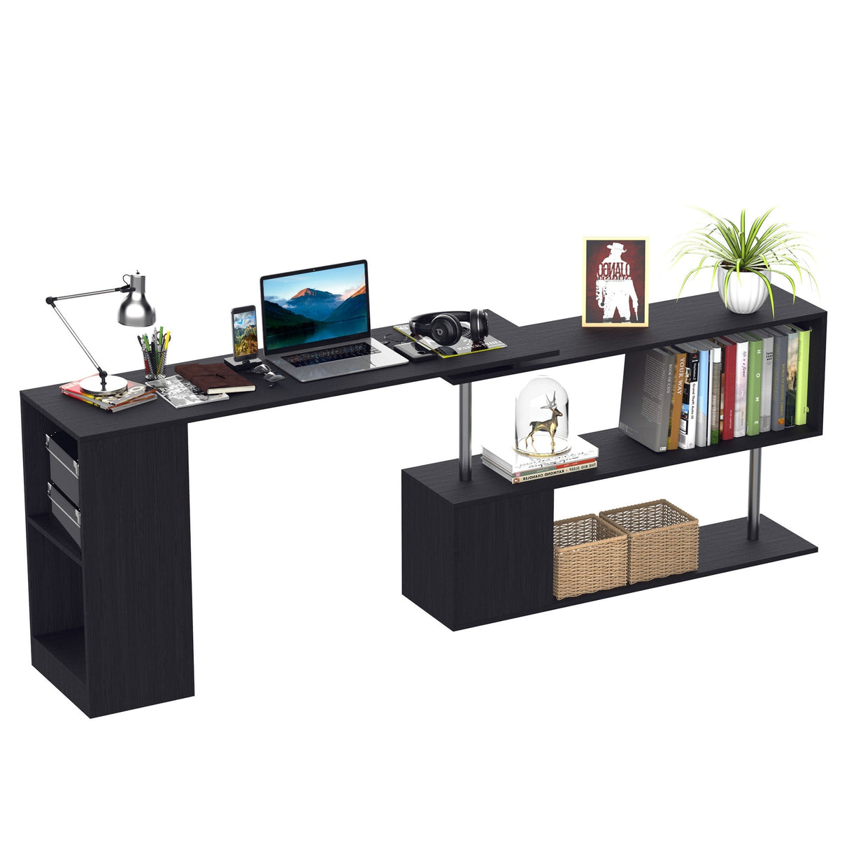 HomCom 55-in. 360-degree Rotating Corner Computer Desk w/ 3-tier Storage Shelves/Bookshelf