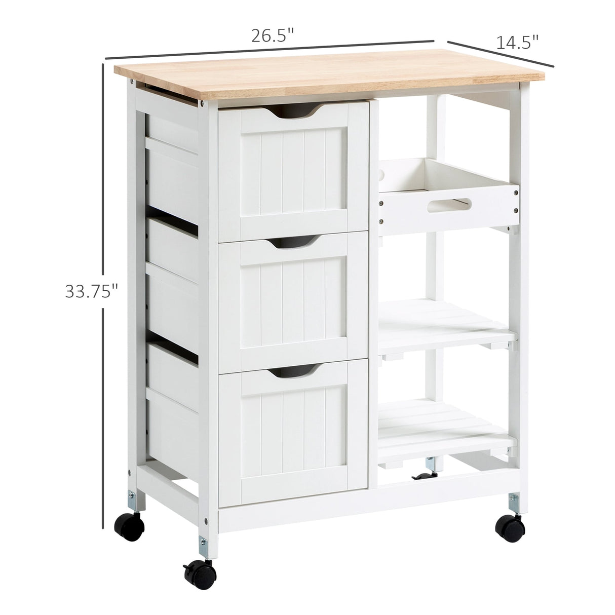 HOMCOM Rolling Kitchen Island Cart, Bar Serving Cart, Compact Trolley on Wheels with Wood Top, Shelves & Drawers for Home Dining