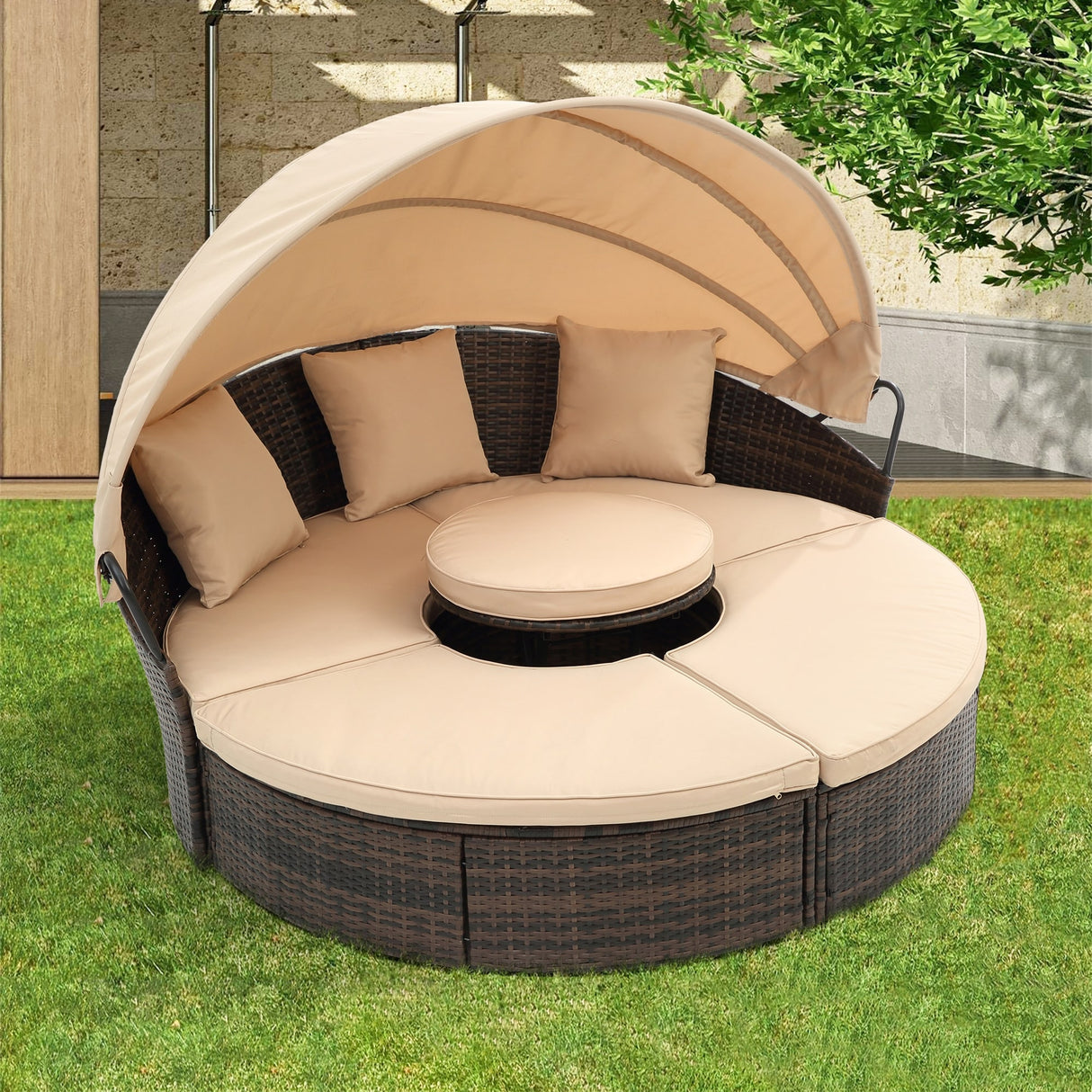 HOMEFUN Outdoor Rattan/Wicker Patio Rectangle/Round Sectional Cushioned Sofa with Retractable Canopy