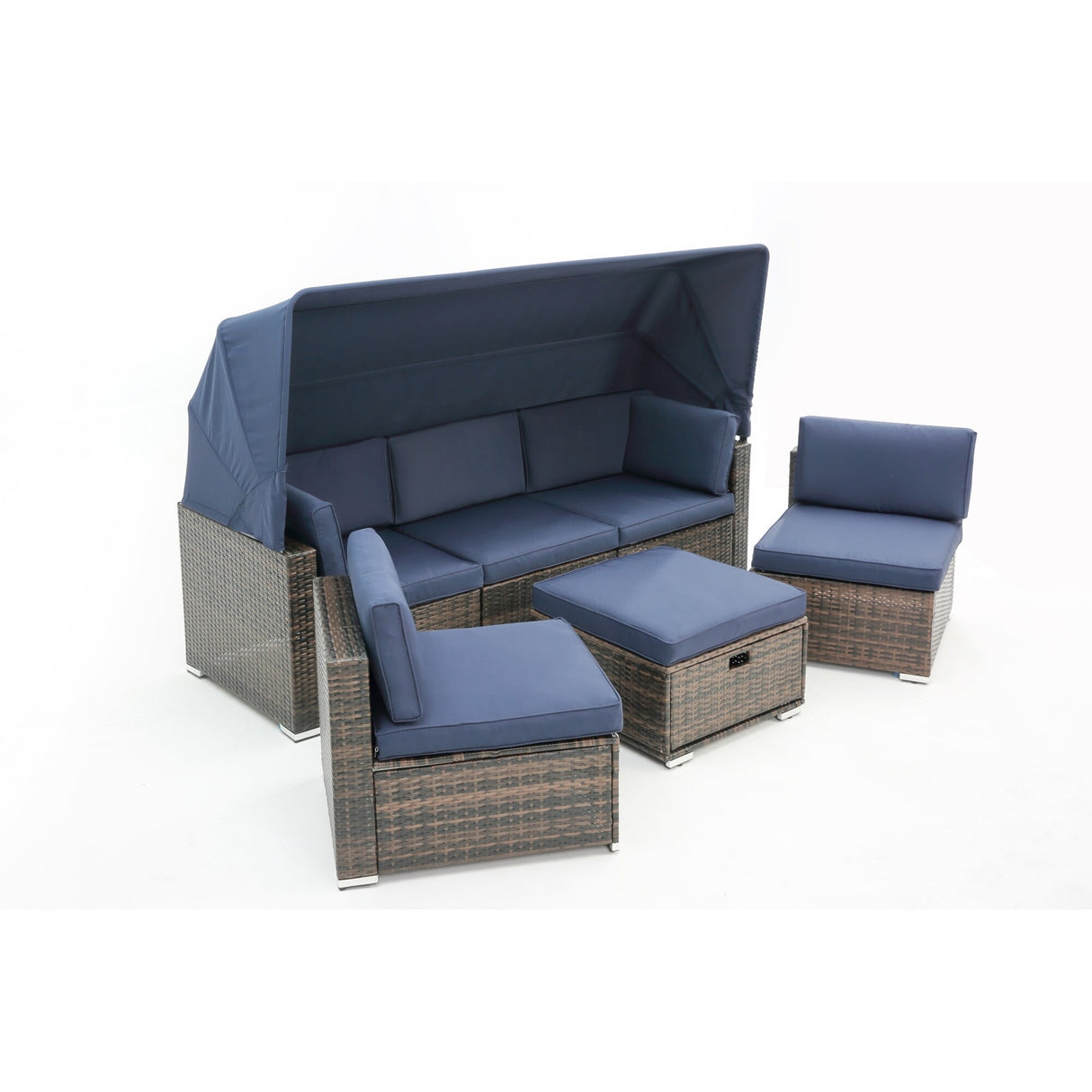 HOMEFUN Outdoor Rattan/Wicker Patio Rectangle/Round Sectional Cushioned Sofa with Retractable Canopy