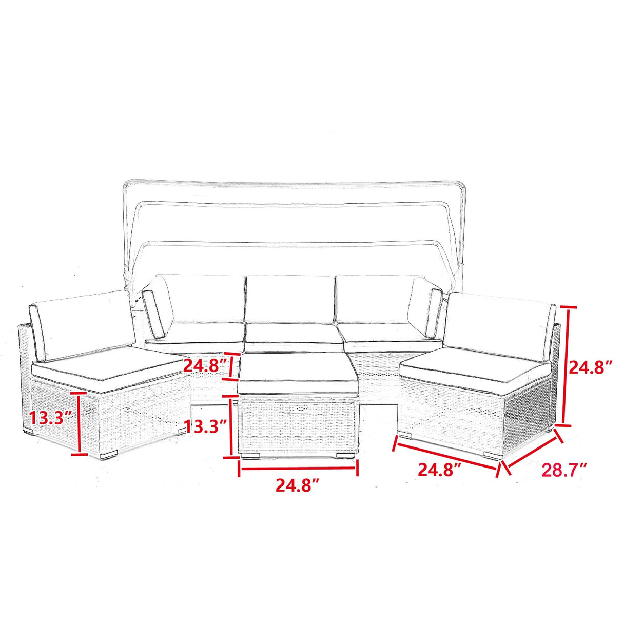 HOMEFUN Outdoor Rattan/Wicker Patio Rectangle/Round Sectional Cushioned Sofa with Retractable Canopy