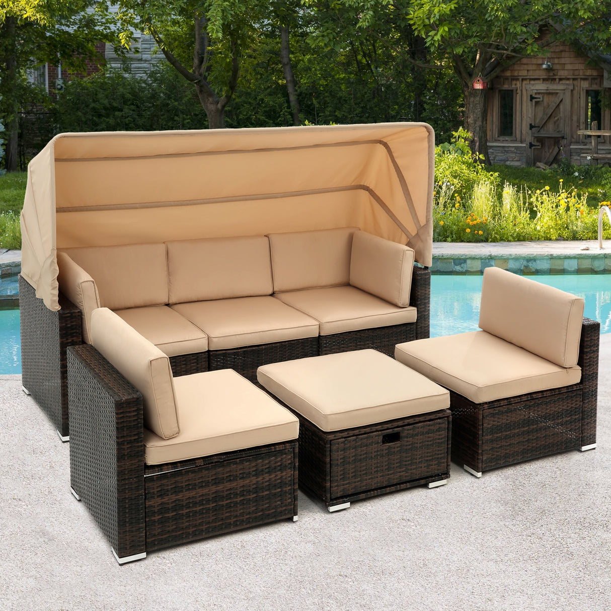 HOMEFUN Outdoor Rattan/Wicker Patio Rectangle/Round Sectional Cushioned Sofa with Retractable Canopy