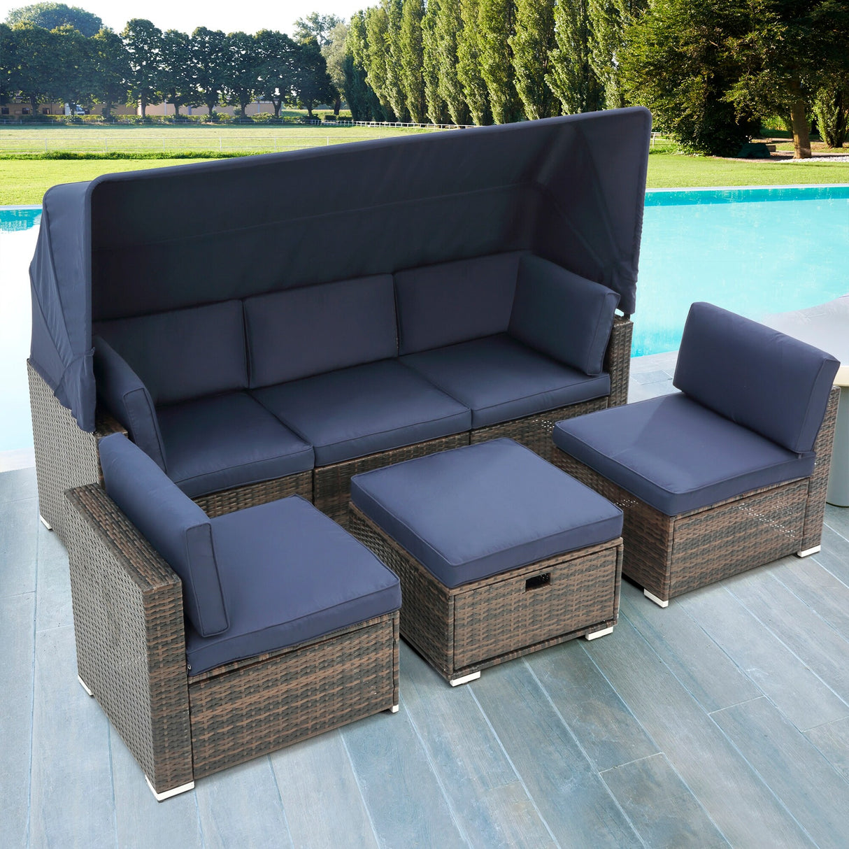 HOMEFUN Outdoor Rattan/Wicker Patio Rectangle/Round Sectional Cushioned Sofa with Retractable Canopy