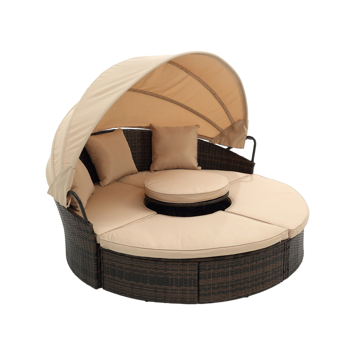 HOMEFUN Outdoor Rattan/Wicker Patio Rectangle/Round Sectional Cushioned Sofa with Retractable Canopy