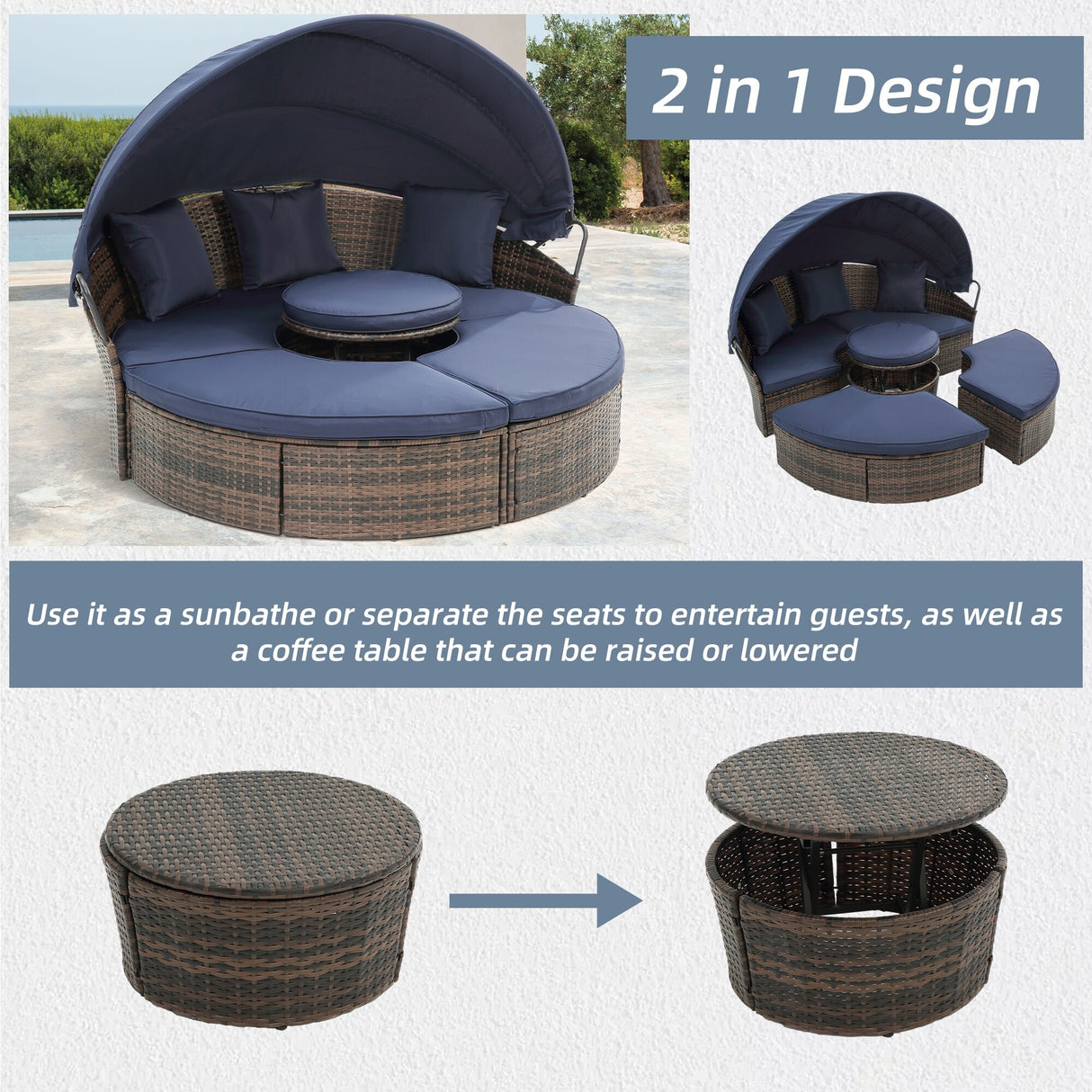 HOMEFUN Outdoor Rattan/Wicker Patio Rectangle/Round Sectional Cushioned Sofa with Retractable Canopy